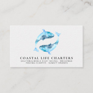 *~*  Coastal Watercolor Dolphins Playing White Business Card