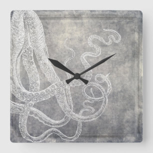 Coastal Watercolor Octopus Silver Pewter Neutral Square Wall Clock