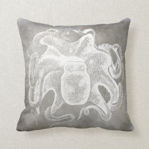 Coastal Watercolor Octopus Silver Pewter Neutral Throw Pillow