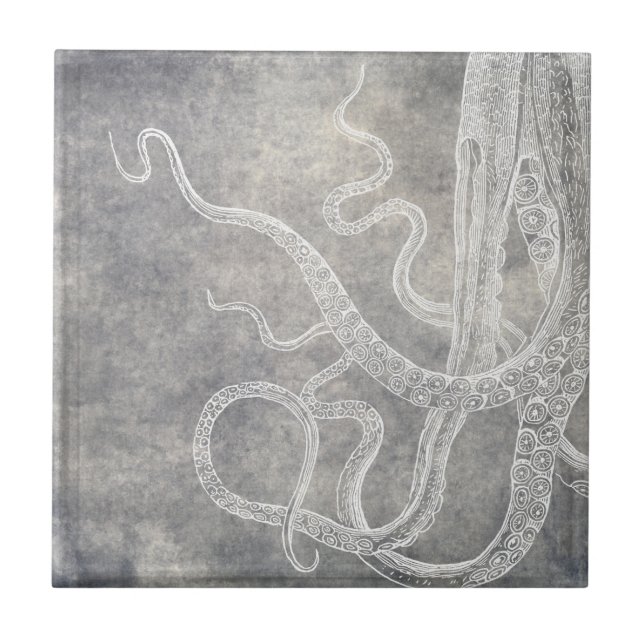 Coastal Watercolor Octopus Silver Pewter Neutral Tile (Front)
