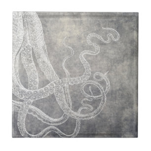 Coastal Watercolor Octopus Silver Pewter Neutral Tile