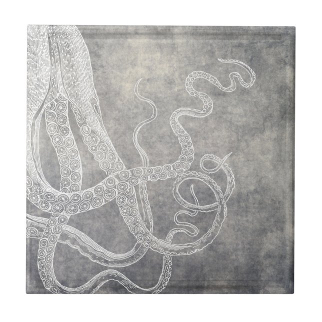 Coastal Watercolor Octopus Silver Pewter Neutral Tile (Front)