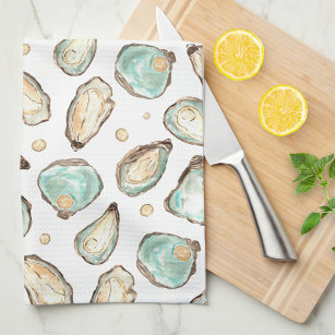 Coastal Watercolor Oyster & Pearl Kitchen Towel