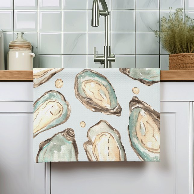 Coastal Watercolor Oyster & Pearl Kitchen Towel (Creator Uploaded)