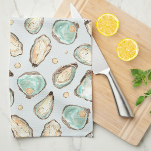 Coastal Watercolor Oyster & Pearl Kitchen Towel