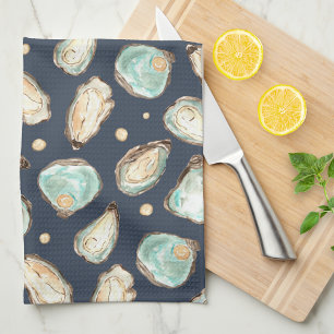 Coastal Watercolor Oyster & Pearl Kitchen Towel
