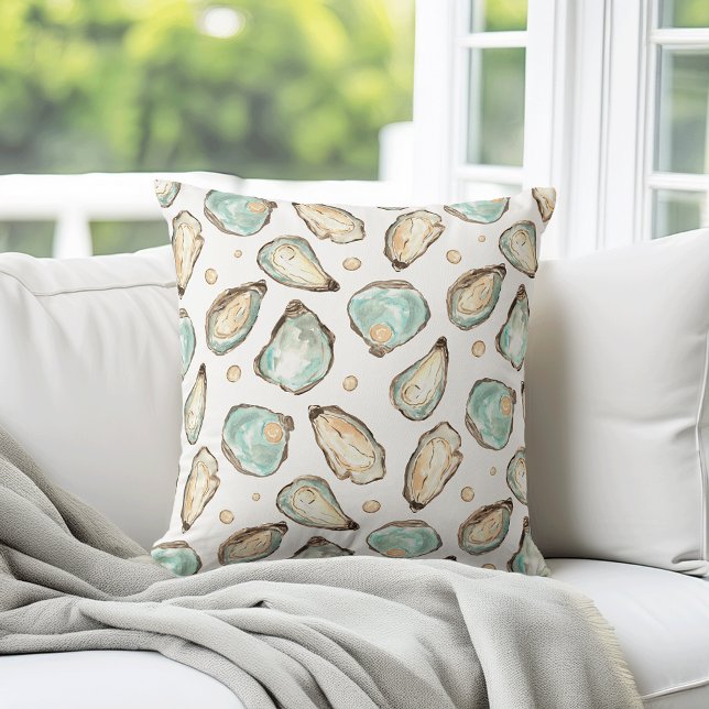Coastal Watercolor Oyster & Pearl Pattern Throw Pillow (Creator Uploaded)