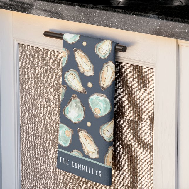 Coastal Watercolor Oyster & Pearl Personalized Kitchen Towel (Creator Uploaded)