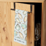 Coastal Watercolor Oyster & Pearl Personalized Kitchen Towel<br><div class="desc">This coastal chic kitchen towel features soft cream and aqua watercolor oyster and pearl illustrations. Perfect for beach houses,  coastal abodes,  or anyone who loves oysters and fresh shellfish. Personalize with a family name or monogram along the bottom.</div>