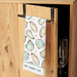 Coastal Watercolor Oyster & Pearl Personalized Kitchen Towel<br><div class="desc">This coastal chic kitchen towel features soft cream and aqua watercolor oyster and pearl illustrations. Perfect for beach houses,  coastal abodes,  or anyone who loves oysters and fresh shellfish. Personalize with a family name or monogram along the bottom.</div>