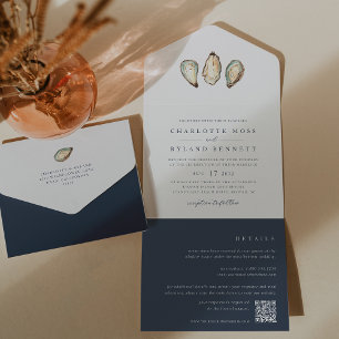 Coastal Watercolor Oyster Wedding All In One Invitation