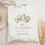 Coastal Watercolor Oyster Wedding Favour Tote Bag<br><div class="desc">These coastal wedding favour tags feature a grouping of soft cream and aqua watercolor oyster shell illustrations,  with your names,  wedding date,  and location in classic navy blue lettering. Perfect for beach themed,  summer,  or nautical weddings,  personalize these totes and fill them with goodies as a welcome gift.</div>