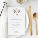 Coastal Watercolor Oyster Wedding Menu<br><div class="desc">Share your wedding reception menu details in elegant style with these coastal wedding menus in white with navy lettering and a trio of aqua and ivory watercolor oyster shell illustrations. Add your initials and wedding date to the top,  then customize the menu items arranged by course.</div>