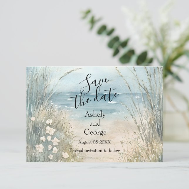 Coastal Watercolor Save the Date Card Design (Standing Front)