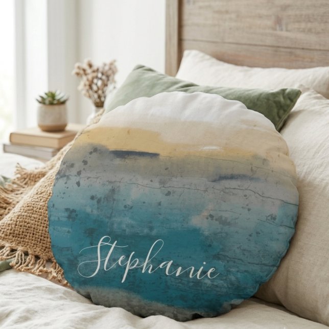 Coastal Watercolor Script Name Round Pillow (This coastal round pillow is a sweet gift for a friend’s birthday bedroom refresh.)