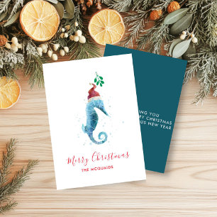Coastal Watercolor SeaHorse Christmas Holiday  Card