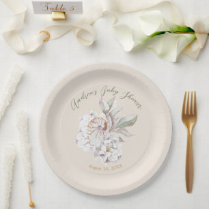 Coastal Watercolor Shells and Floral Baby Shower Paper Plate