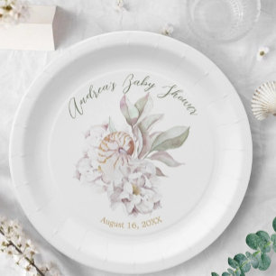 Coastal Watercolor Shells and Floral Baby Shower Paper Plate