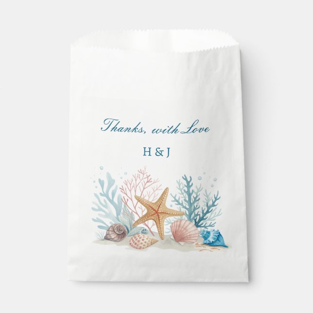Coastal Watercolor Starfish & Shells Beach Wedding Favour Bag (Front)