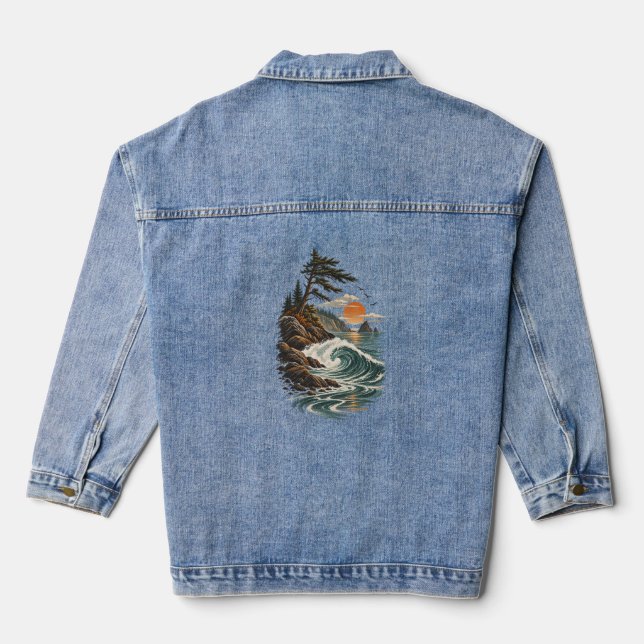 Coastal Wave Sunset Landscape Denim Jacket (Back)