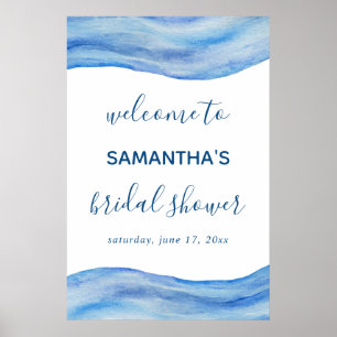 Coastal Wave Watercolor Blue Bridal Shower Sign