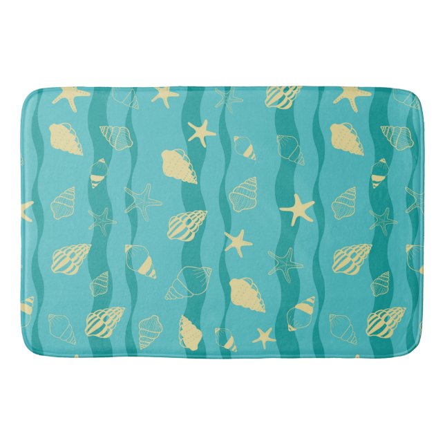 Coastal Waves & Seashell Pattern Bath Mat (Front)