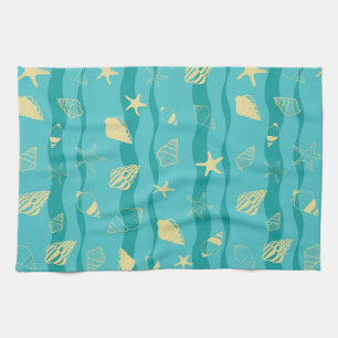 Coastal Waves & Seashell Pattern Kitchen Towel