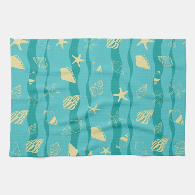 Coastal Waves & Seashell Pattern Kitchen Towel (Horizontal)