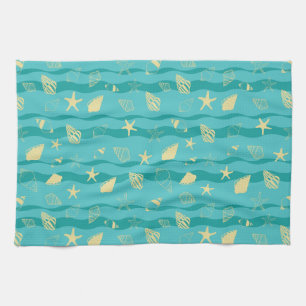 Coastal Waves & Seashell Pattern Kitchen Towel
