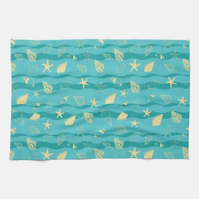 Coastal Waves & Seashell Pattern Kitchen Towel (Horizontal)