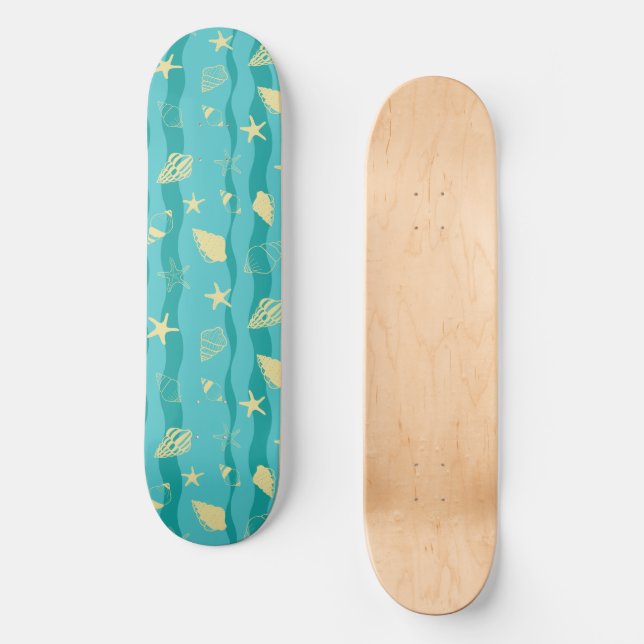 Coastal Waves & Seashell Pattern Skateboard (Front)