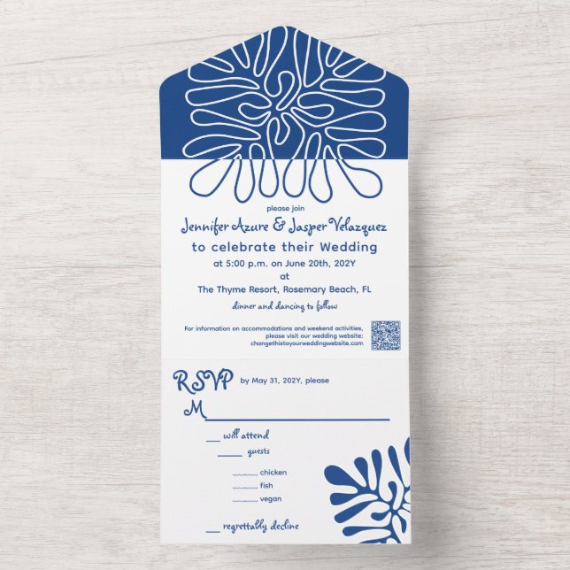 Coastal Wedding Abstract Artistic Blue  All In One Invitation (Inside)