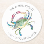 Coastal Wedding Blue Crab Round Paper Coaster<br><div class="desc">Coastal wedding coasters were designed using a replica of my original watercolor blue crab in shades of ocean blue,  reds and greens. Personalize with your name and wedding date. To see more tropical beach wedding favours and party decor visit www.zazzle.com/dotellabelle</div>