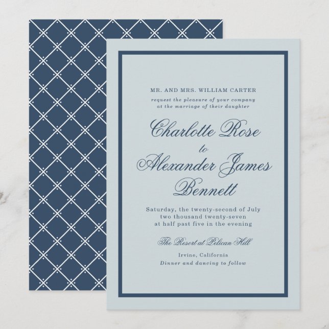 Coastal Wedding Dusty Blue Classic Script Invitation (Front/Back)