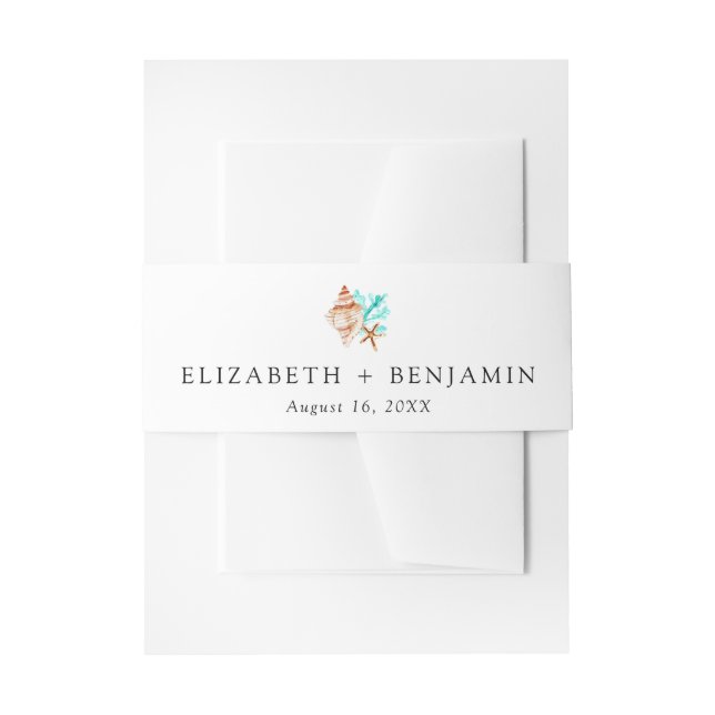 Coastal Wedding Elegant Watercolor Seashell Invitation Belly Band (Front Example)