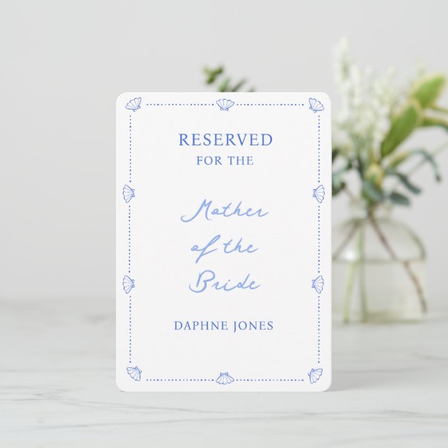 Coastal Wedding Family Reserved Seating Blue Shell Card (Standing Front)