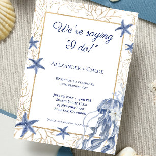 Coastal Wedding Navy Blue Gold Invitation