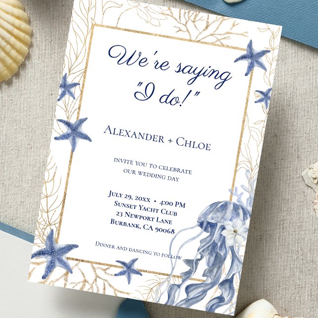 Coastal Wedding Navy Blue Gold Invitation (Coastal Wedding Navy Blue Gold Invitation)