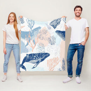 Coastal Whale Sea Life Coral Blue Peach (1) Fleece Blanket