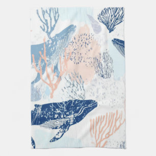 Coastal Whale Sea Life Coral Blue Peach (1) Kitchen Towel