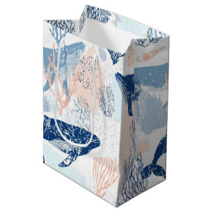 Coastal Whale Sea Life Coral Blue Peach (1) Medium Gift Bag