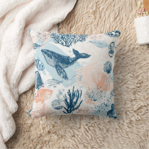 Coastal Whale Sea Life Coral Blue Peach (1) Throw Pillow
