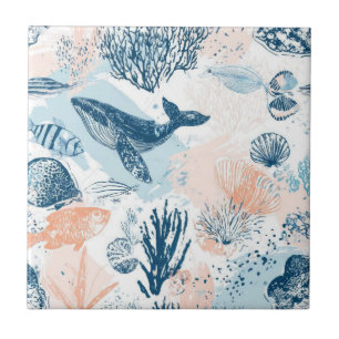Coastal Whale Sea Life Coral Blue Peach (1) Tile