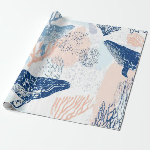 Coastal Whale Sea Life Coral Blue Peach (1) Wrapping Paper