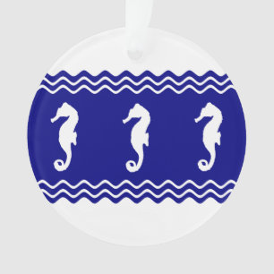 Coastal White Blue Ocean Seahorses Ornament