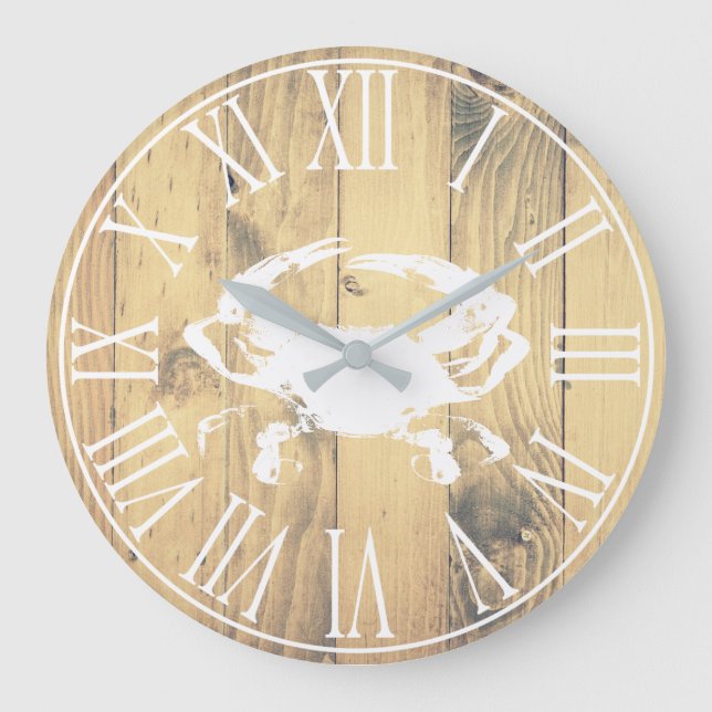 Coastal White Crab & Faux Wood Planks Large Clock (Front)