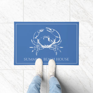 Coastal White Crab on Classic Blue Personalized Doormat