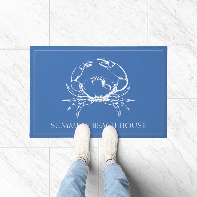Coastal White Crab on Classic Blue Personalized Doormat (Indoor)