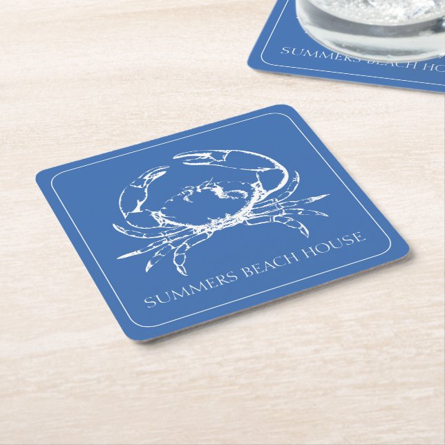 Coastal White Crab on Classic Blue Personalized Square Paper Coaster (Angled)