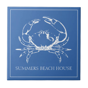 Coastal White Crab on Classic Blue Personalized Tile